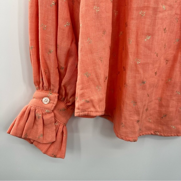 Delete Koch Phoebe Top Button Shirt Ruffle Collar Metallic Blouse Small - Picture 11 of 11